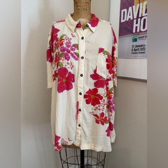 Free People Share Good Vibes Buttondown XS Ivory Pink Combo Floral - Picture 2 of 12
